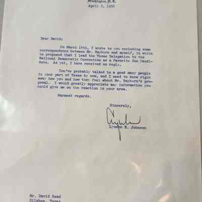 Letter to David Read concerning LBJ leading Texas Delegation