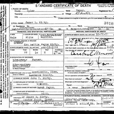 Death Certificate of James L. Kirby