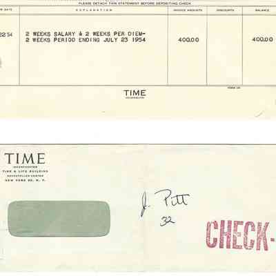 Pay Check Stub and Evelope for David Read from Time Inc News Service July 22, 1954