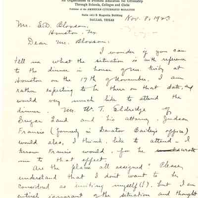 Letter to Ed Bloxson from A D Shurter dated November 8, 1923