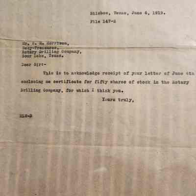 Letter from R L Weathersby to Rotary Drilling Co dated June 4, 1919 - acknowledge receipt of 50 shares of stock