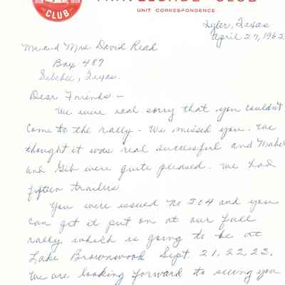 Letter to David Read from Maude Barry of the Avion Travelcade Club April 27, 1962