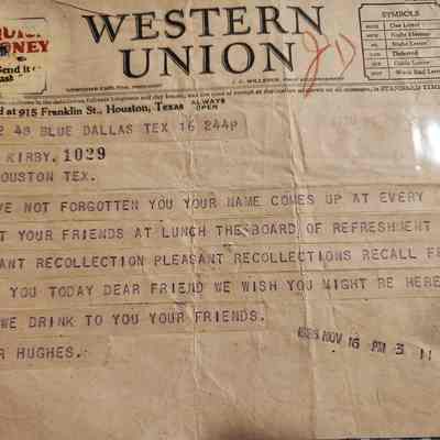 Western Union Telegram to John H Kirby from W R Hughes
