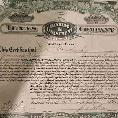 Texas Banking & Investment Company Capital Stock issued to R L Weathersby - $100