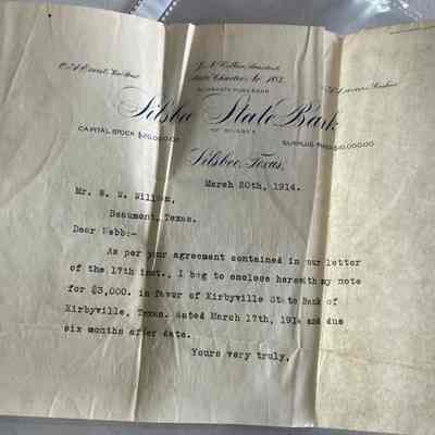 Letter from Silsbee State Bank to W W Wilson dated March 20, 1914