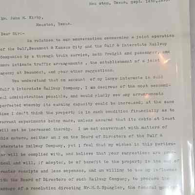 Letter to John Henry Kirby dated September 16, 1899 from A.H. Pierce regarding a joint operation of the Gulf, Beaumont, & Kansas City and Gulf & Interstate Railway Companies