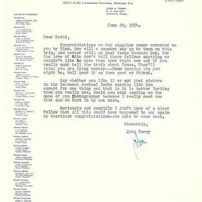 Letter to David Read from John Terry June 29, 1954