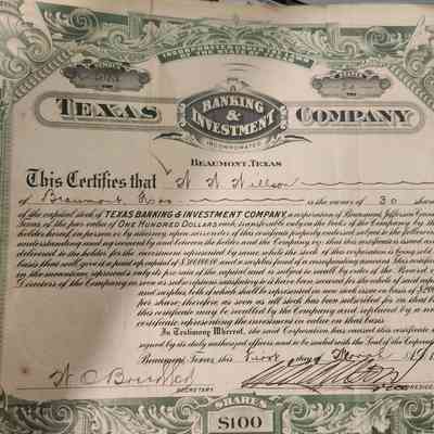 Texas Banking & Investment Company Capital Stock Certificates issued to W W Wilson - $5200