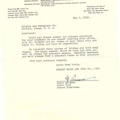 Letter to David Read from Yukio Arisawa May 7, 1955 - Kokoki Rayon and Pulp Co Inc