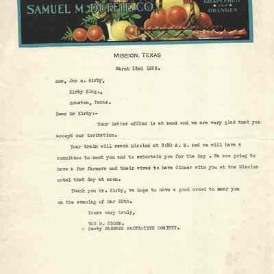 Letter to John H Kirby from Van Srorm inviting Kirby to speak at the Farmers Protective Society/ New Paper Article