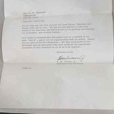 Letter to Mrs AW Dainwood from EM Wilson, Jr., Silsbee State Bank dated December 8, 1964 regarding hosting an open housefor Directors and Officers