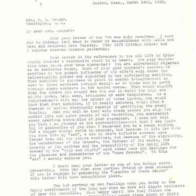 Letter to Mrs S B Cooper from John H Kirby dated March 14, 1900