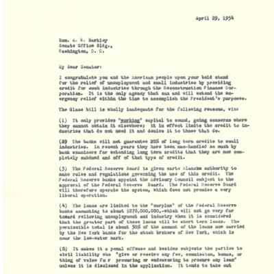 Letter to A W Barkley from George W Armstrong dated April 27, 1934
