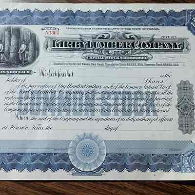 Kirby Lumber Company blank common stock certificate number A1364