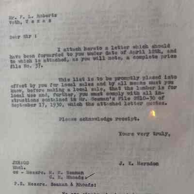 Letter to F L Roberts from J K Herndon dated June 4, 1940 - price changes for lumber