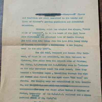 Carbon copy of document presumed to have been written by John Henry Kirby detailing the founding of Silsbee including the mill, railroad, Collier Store, post office