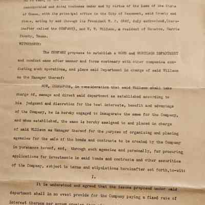 Contract between Beaumont Land & Buildind Co and W W WIllson concerning Bond and Mortgage Department
