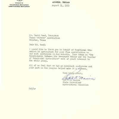 Letter to David Read from Robert A Manire August 11, 1950