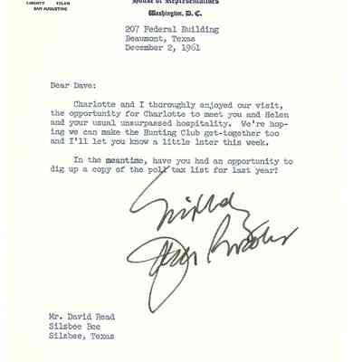 Letter to David Read from Jack Brooks December 2, 1961