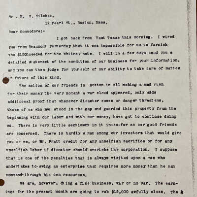 Letter to Nathaniel Silsbee from John H Kirby April 30, 1898 concerning Whitney Note