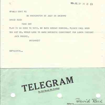 Telegram to David Read from Jack Brooks July 22, 1954 with envelope