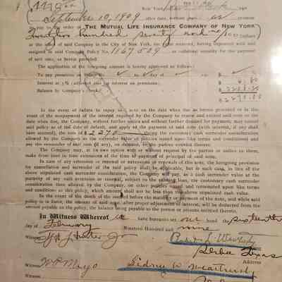 Loan Note for R L Weathersby with Mutual Life Insurance Co of NY for $2270 dated February 16, 1909 to September 10, 1909