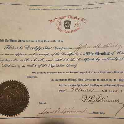 Certificate of Life Membership to the Washington Chapter Royal Arch Masons for John H Kirby dated March 15, 1920