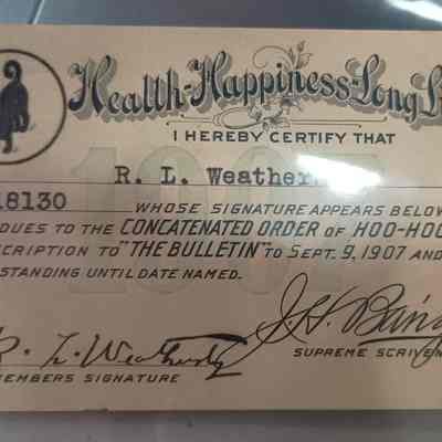 Certificate Card for R.L. Weathersby dated September 9 1907 for the Concatenates Order of Hoo-Hoo