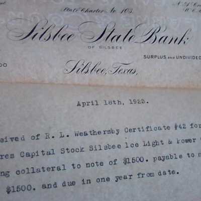 Silsbee State Bank Receipt for R.L.Weathersby Certificate #42, April 18th, 1923