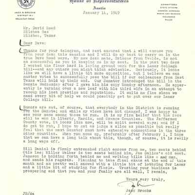 Letter to David Read from Jack Brooks January 14, 1949