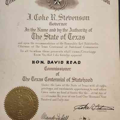 Texas Centennial of Statehood Commission - David Read Commissioner December 29, 1945