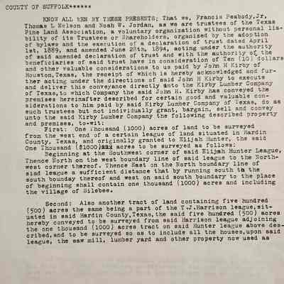 Texas Pineland Association Sale of Land in Hardin County, Texas to John Henry Kirby - August 31, 1901 - Land to become Town of Silsbee
