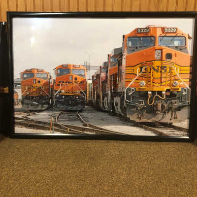 Framed photo of BNSF engines
