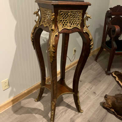 Vintage Indonesian French Style Burl Walnut & Brass Plant Stand