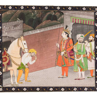 A Groom leads a stallion to a nobleman
