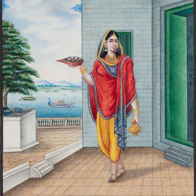 Maiden strolling on riverside terrace