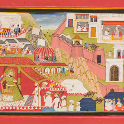 An extensive scene with a Ruler receiving courtiers in an encampment outside fortified city