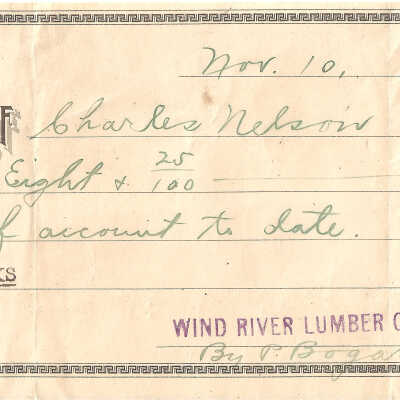 Receipt to Charles Nelson From Wind River Lumber Co.