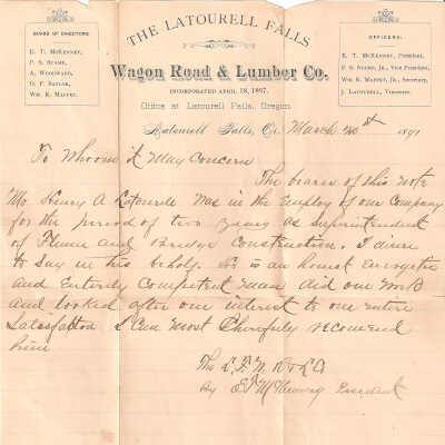Letter, The Latourell Falls Wagon Road & Lumber Co.