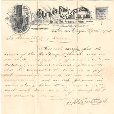 Letter, Columbia River Lumber, Latourell