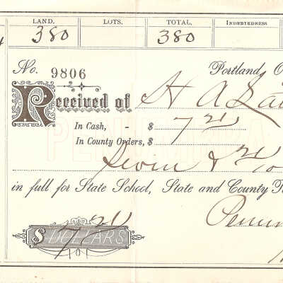Tax Receipt, 1890-1891, Latourell