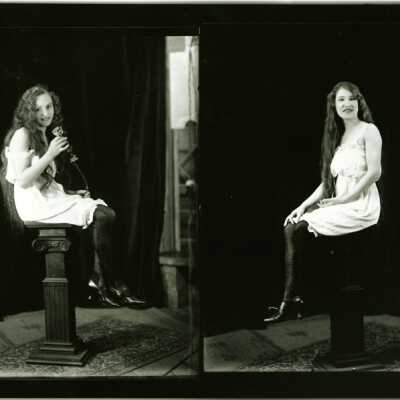 Two Photos of Young Woman Sitting on a Pedestal