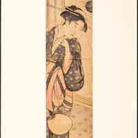 Standing Woman with Fan and Seated Woman Playing Shamisen hashira-e