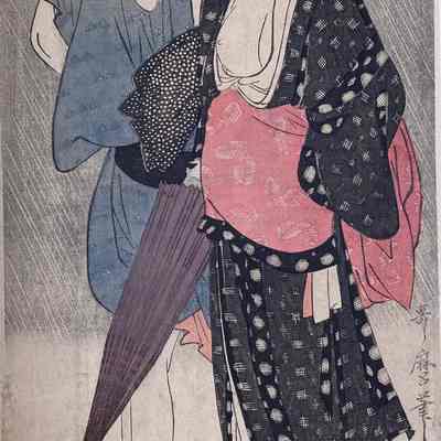 Fûfu no yûdachi (Couple in an Evening Shower) from Ukiyo san seki (Three Evening Pleasures of the Floating World)