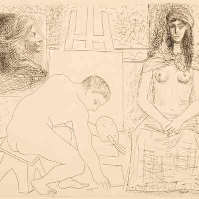 Peintre ramassant son Pinceau avec une modèle au turban (Painter Picking up his Brush with a Model Wearing a Turban) from Honoré de Balzac's Le Chef D'Oeuvre Inconnu