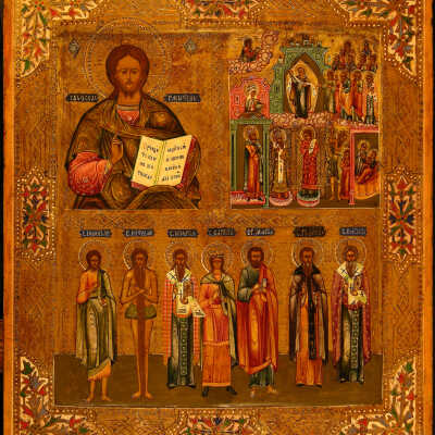 Three-Part Icon with Christ Pantocrator, the Protection of the Mother of God, and Seven Saints