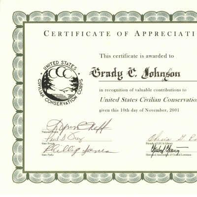 CCC Reunion Certificate Grady Johnson (a)