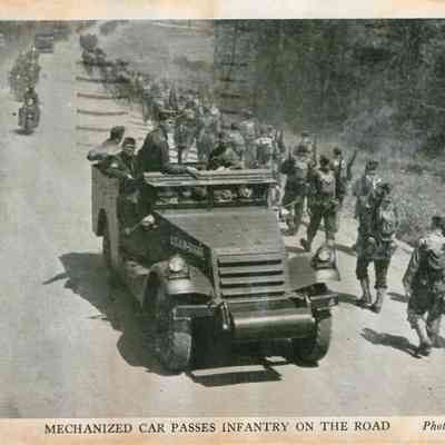 Postcard- Ft. Jackson- 1941- Mechanized Car Passes Infantry