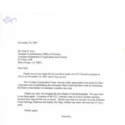 CCC Reunion 2001 Thank You Letters (a)