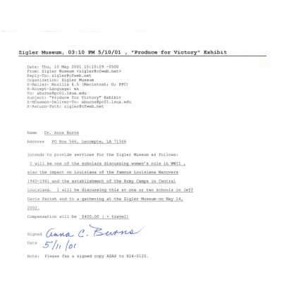 email sent to Dr. Anna Burns from Zigler Museum: Page 5